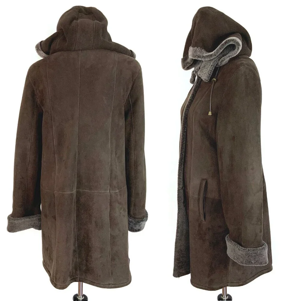 Marco Gianotti Macy's Brown Genuine Sherling Hooded Coat Sz 8 - Picture 6 of 16